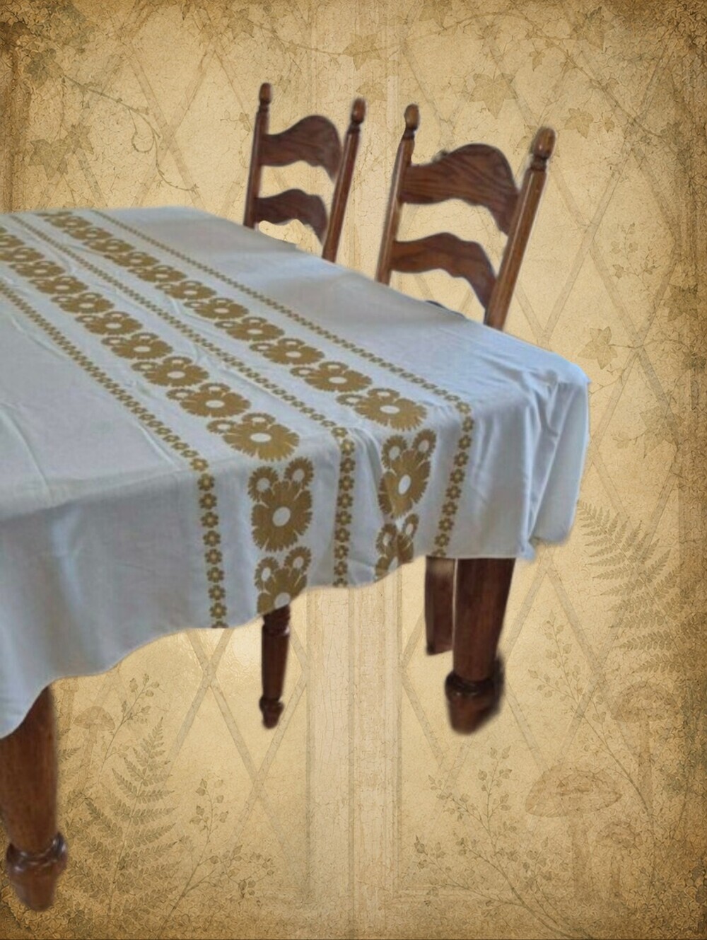 Vintage BAYER DRALON Tablecloth in Off White with Brown & Yellow Flowers 93"x59"